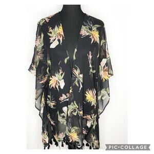 WHBM black tropical floral sheer fringe tassel trim kimono style top One Size